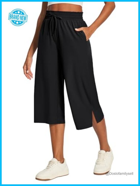 Pants - Wide Leg Capri Pants Quick Dry Drawstring High Waisted Gaucho Casual